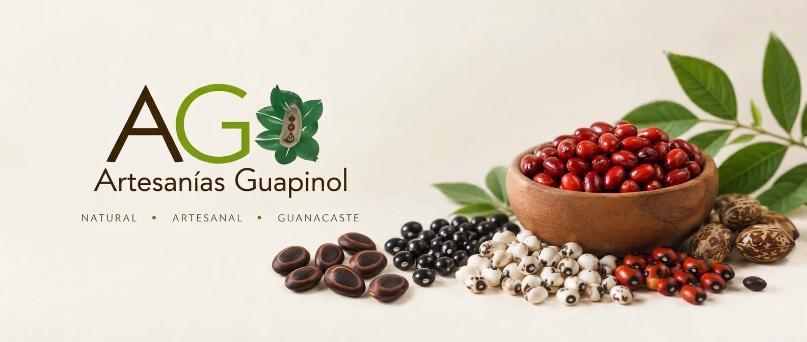Artesanías Guapinol: semillas, hojas y un tazón de madera